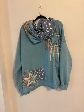 Blue velvet XL Patchwork Star Hoodie in Faded Teal